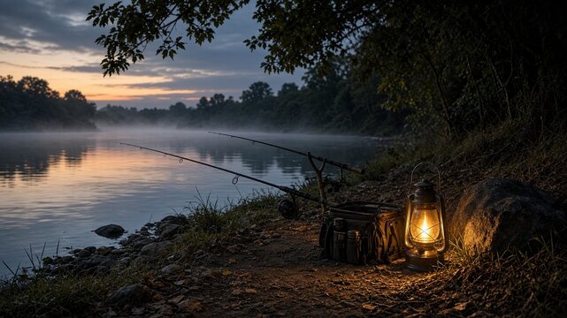 Night fishing lantern glow on quiet bank