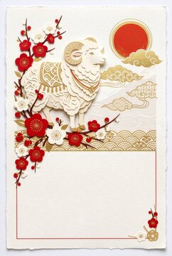 紅白の梅と金色の羊を飾った切り絵風の未年年賀状