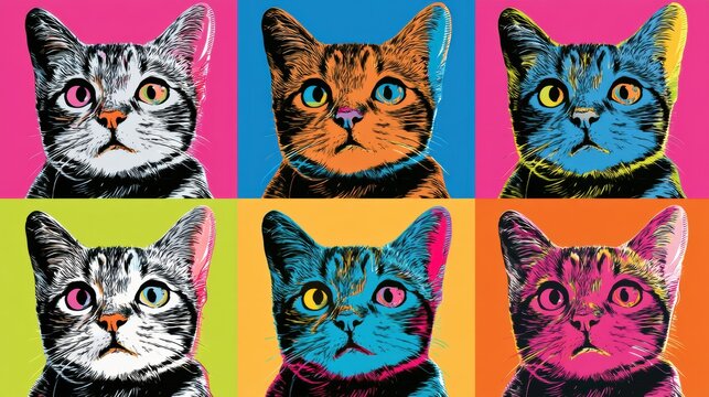 Pop art illustration shows a cat face in four quadrants with different colors. Each color represents a vivid combination of shades.