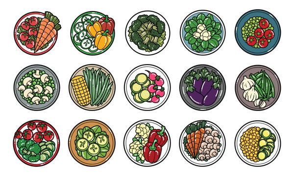 Food plate with vegetables top view vector graphic collection