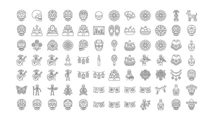 Fototapeta premium Collection of Day of the Dead themed line art icons with transparent backgrounds