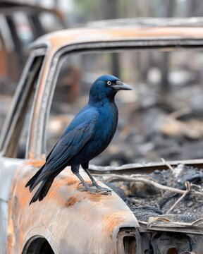 A shiny black bird perched on the rusted metal frame of a burnt vehicle after a disaster