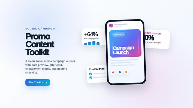 Digital smartphone interface displays social media marketing campaign launch assets in this clean motion graphics animation video project for business