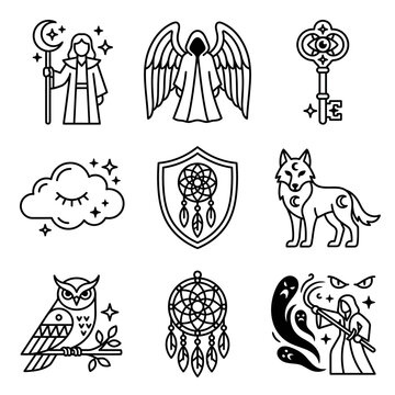 Mystical Symbols: Witch, Angel, Key, Wolf, Owl, Dreamcatcher, Spirits
