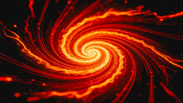 A luminous fiery spiral vortex made of glowing red and orange energy, with dynamic flowing light lines and particles.