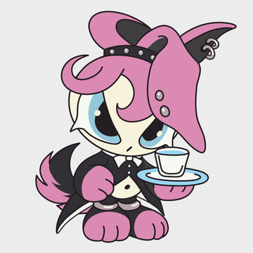 Cute cartoon animal girl waiter. Funny character. Cartoon mascot design.