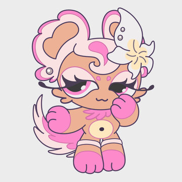 Cartoon girl animal with a flower. Funny character. Cartoon mascot design.