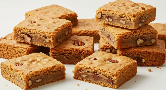 Pecan Blondie Bliss: A delightful assortment of golden-brown blondies, generously studded with crunchy pecans, arranged invitingly to showcase their irresistible texture and homemade charm.