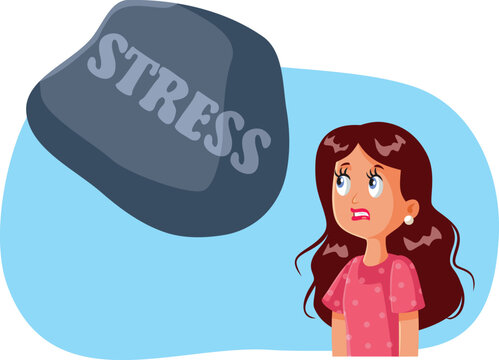 Worried Young Woman Looking Up At A Heavy Stone Labeled Stress Illustration. Anxious cartoon woman looks up fearfully at a giant dark rock with stress text falling toward her