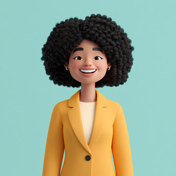 A smiling person with curly natural hair wearing a simple top against a plain background
