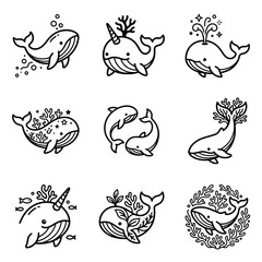 Cute Whale Illustrations Set: Narwhal, Spouting, Swimming, Ocean Life Icons © Erwin