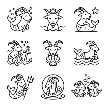 Capricorn Zodiac Sign Icons: Goat-Fish Hybrid Astrology Symbols