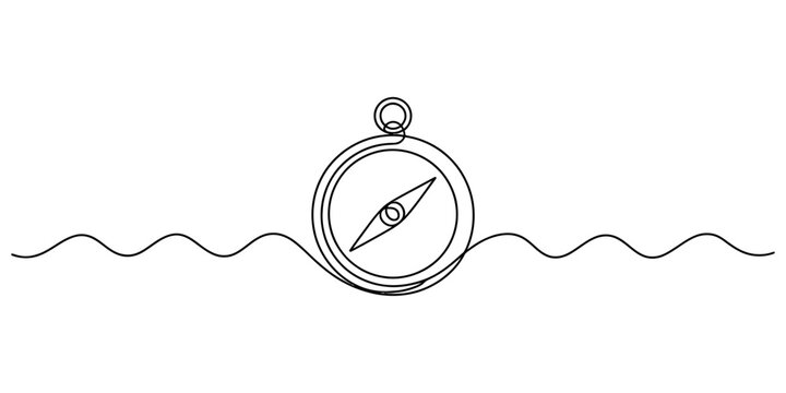 Continuous one line drawing of a navigation compass with wavy horizon line