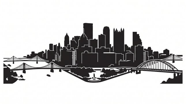 Pittsburgh City Skyline Silhouette Vector Illustration with Bridges and River