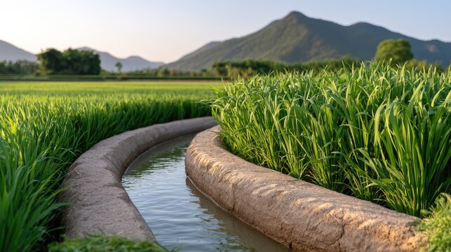 Serene Landscape of Lush Green Rice Paddy with Curved Water Canal Under Clear Blue Sky