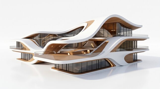 Futuristic Organic Villa Architectural Design Concept with Curvilinear White Shells Wood Paneling and Glass Walls on White Background