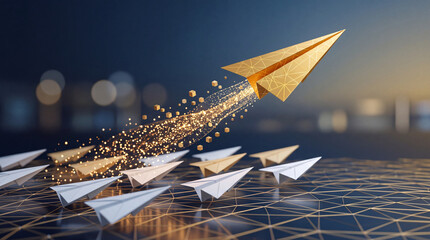 Fototapeta premium Conceptual representation of leadership and business growth showing a golden paper plane flying above others with glowing digital particles on a network background for innovation and success.