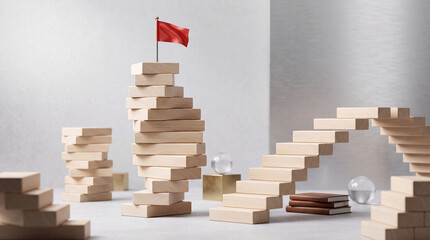 Fototapeta premium Career Growth and Achievement Concept with Wooden Blocks Tower and Red Flag on Top, Success Stairs Representing Professional Development, Strategy, Goal Setting, and Planning for Future Progress