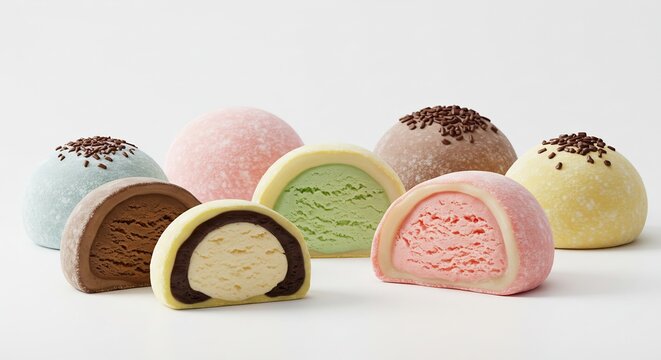 Assortment of Mochi Ice Cream: A delightful collection of colorful mochi ice cream balls, some whole and others sliced to reveal their creamy ice cream centers, offers a sweet and tempting treat.