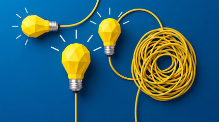 Fototapeta premium Creative thinking and problem solving concept featuring yellow low poly light bulbs connected to a tangled power cable on a blue background, symbolizing innovation, strategy and complex solutions.