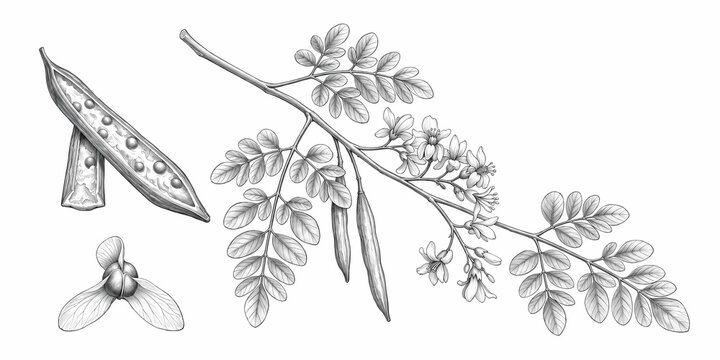 Moringa oleifera drumstick tree botanical dissection with leaves, flowers, and seed pod. Detailed pencil sketch on white background. Botanical art, Medicinal plant study.