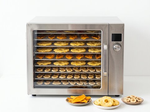 Modern stainless steel food dehydrator with dried fruit slices