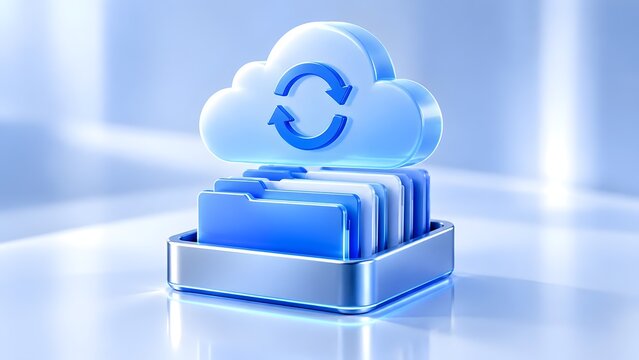 Glowing cloud synchronization icon hovering over digital folders for seamless data backup and continuous remote updating