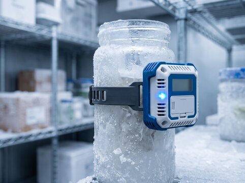 Electronic sensor device attached to a glass jar in warehouse