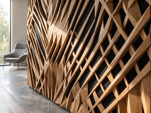 Modern wooden slat wall in a bright contemporary room