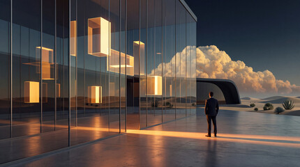 Fototapeta premium Businessman standing outside a modern futuristic glass building in a desert landscape at sunset, featuring glowing light installations inside and a dramatic sky with golden clouds.