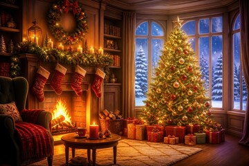 Fototapeta premium Cozy Christmas living room with fireplace, tree, gifts