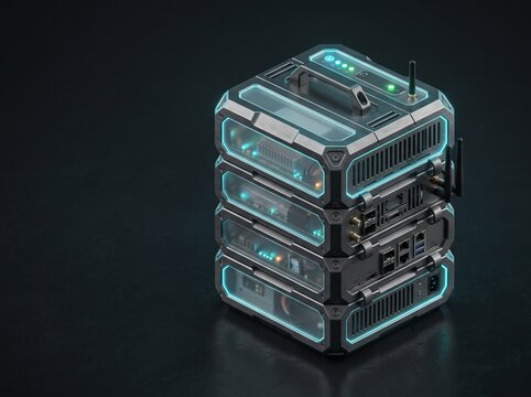 Futuristic server stack with glowing neon green lights