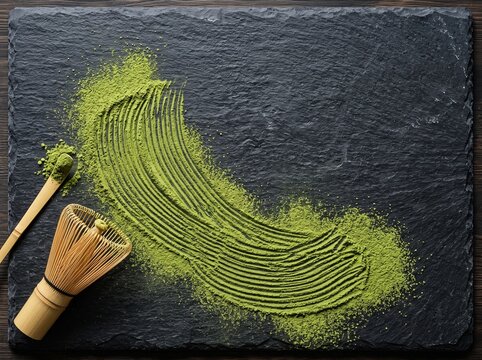 Matcha green tea powder with bamboo whisk on dark stone