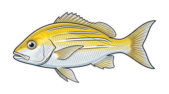 Detailed Vector Illustration of a Bluestripe Snapper Fish with Vibrant Yellow Stripes Isolated