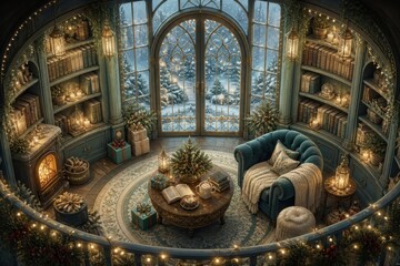Fototapeta premium Cozy winter reading room with magical holiday decor