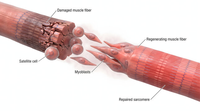 This 3D medical illustration details muscle fiber regeneration after injury. It shows damaged muscle, activated satellite cells, differentiating myoblasts, and the formation of a regenerating muscl...