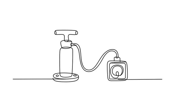 Continuous single line drawing of a hand air pump connected to a small object
