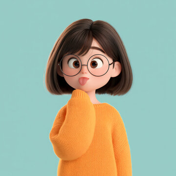 A focused individual wearing glasses and an orange top stands against a plain background