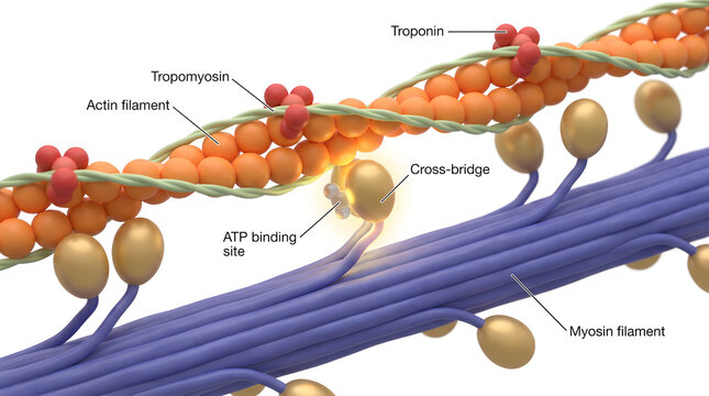 Detailed illustration of the molecular mechanism of muscle contraction, showcasing actin and myosin filaments, troponin, tropomyosin, cross-bridges, and ATP binding sites. Essential for understandi...