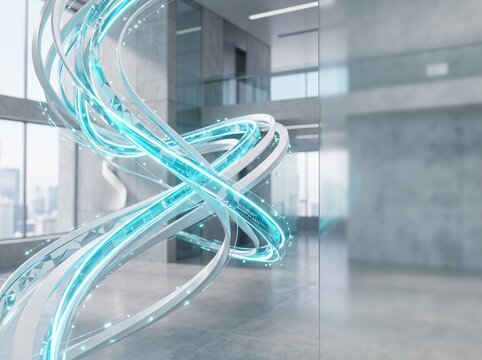 Abstract blue light lines glowing in modern office lobby