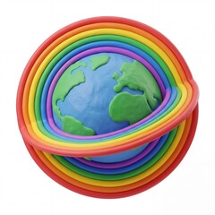 Obraz premium Clay earth globe with colorful rainbow rings on white background