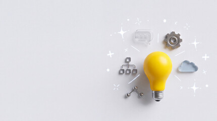 Fototapeta premium Innovative business concept featuring a bright yellow lightbulb surrounded by diverse digital icons including gears, cloud computing, and social networking on a clean minimalist white background