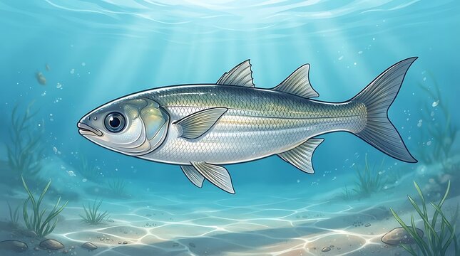 Detailed Illustration of a Silver Fish Swimming Underwater with Sun Rays and Seagrass Backdrop