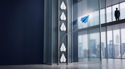 Fototapeta premium A blue paper plane breaking away from a vertical row of white planes in a modern glass office atrium, representing leadership, innovation, business strategy, and a unique career path.
