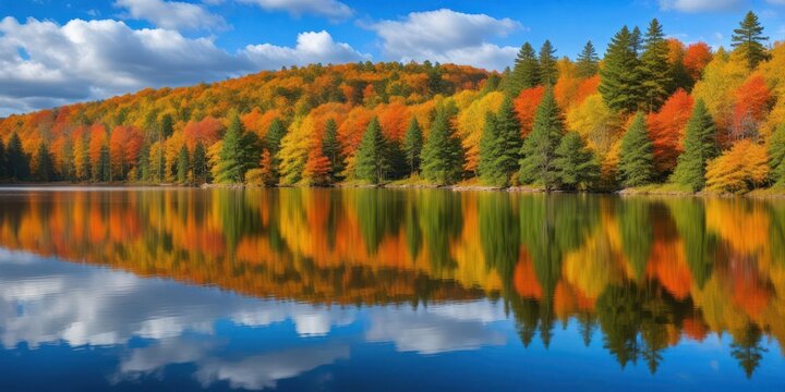 Vibrant fall colors reflected in the calm waters of Mayflower Lake amidst lush greenery and tall trees at Arrowhead Provincial Park