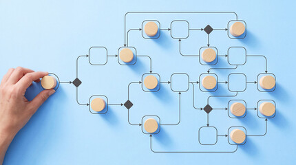 Fototapeta premium Business Process Management Concept with Hand Placing Wooden Block on Complex Flowchart Diagram for Workflow Optimization and System Automation on Blue Background