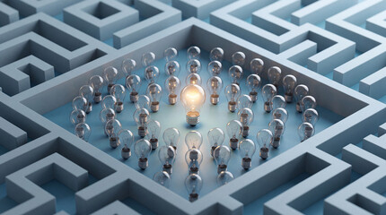 Fototapeta premium Glowing Light Bulb in the Center of a Complex Maze Labyrinth Symbolizing Innovation, Successful Creative Solutions, Leadership, and Finding a Way Out in Business Strategy and Logic Concepts