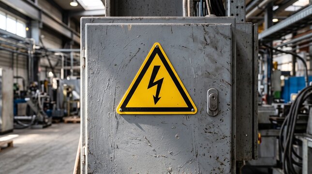 Electrical hazard warning sign on industrial factory control panel.