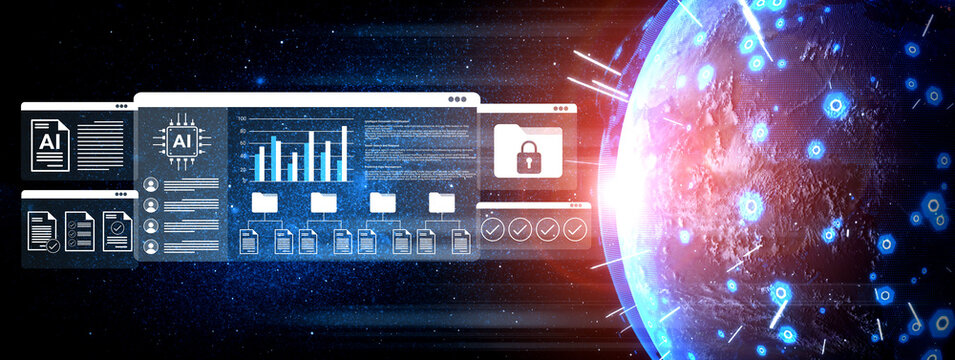 Explore a high-tech environment showcasing advanced AI data visualization, security elements, and global digital connectivity, set against a cosmic backdrop. Gantry