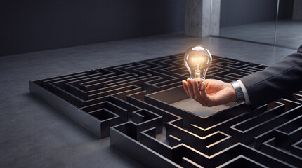 Fototapeta premium Businessman Holding a Glowing Light Bulb Above a Complex Maze Representing Innovation, Creative Problem Solving, Strategy, and Finding the Right Path in Challenging Corporate Situations.